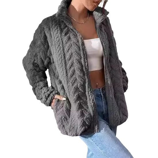 Solid Color Casual Zipper Cardigan Stand Collar Polar Fleece Jacket