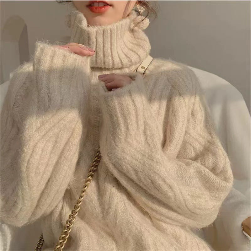 Autumn And Winter New Loose Outer Wear Thick Retro Cable-knit Turtleneck Sweater For Women