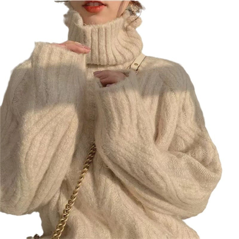 Autumn And Winter New Loose Outer Wear Thick Retro Cable-knit Turtleneck Sweater For Women