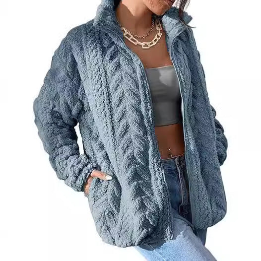 Solid Color Casual Zipper Cardigan Stand Collar Polar Fleece Jacket